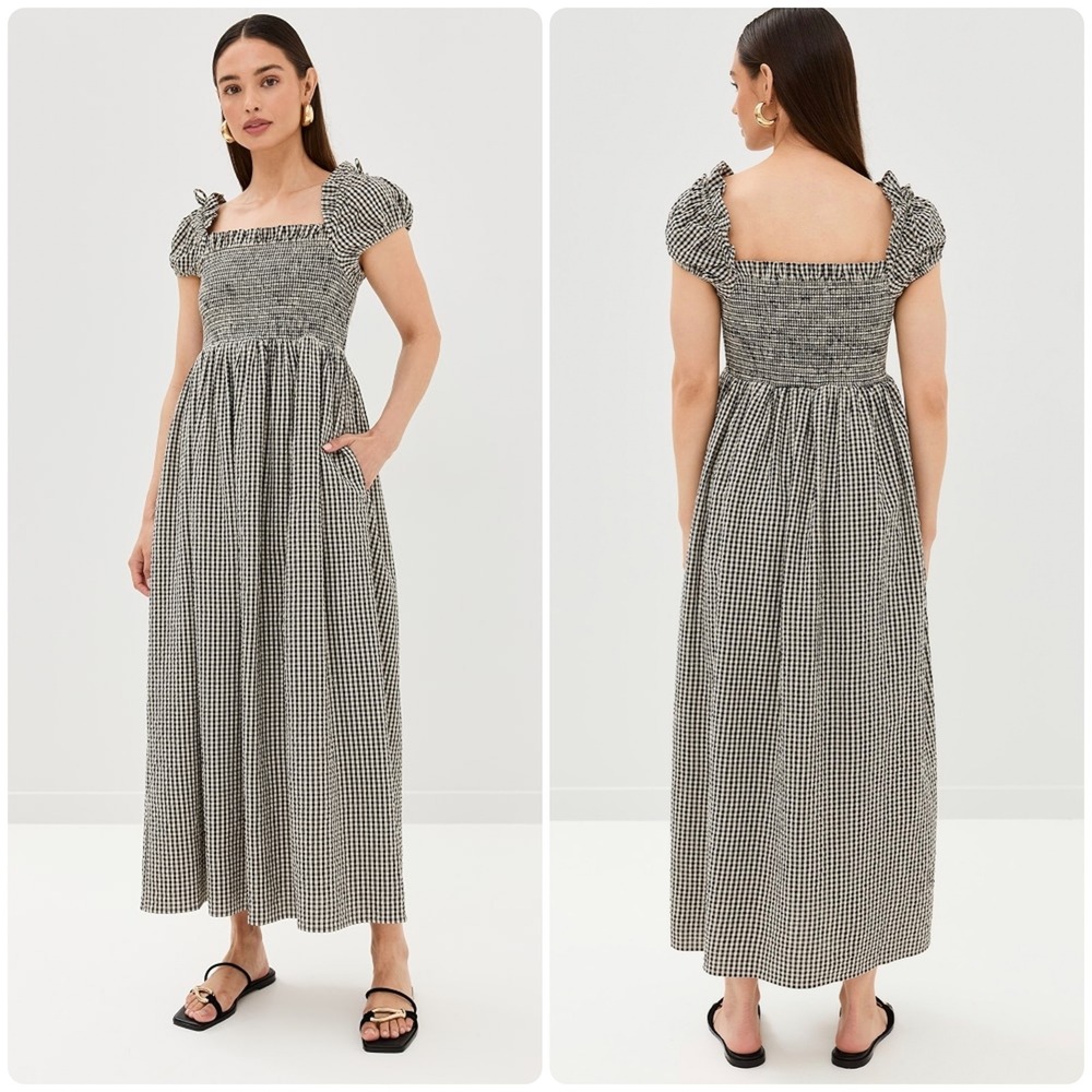 POSSE Womens Mira Gingham Smocked Cotton Cottagecore Milkmaid Midi Dress Size XS